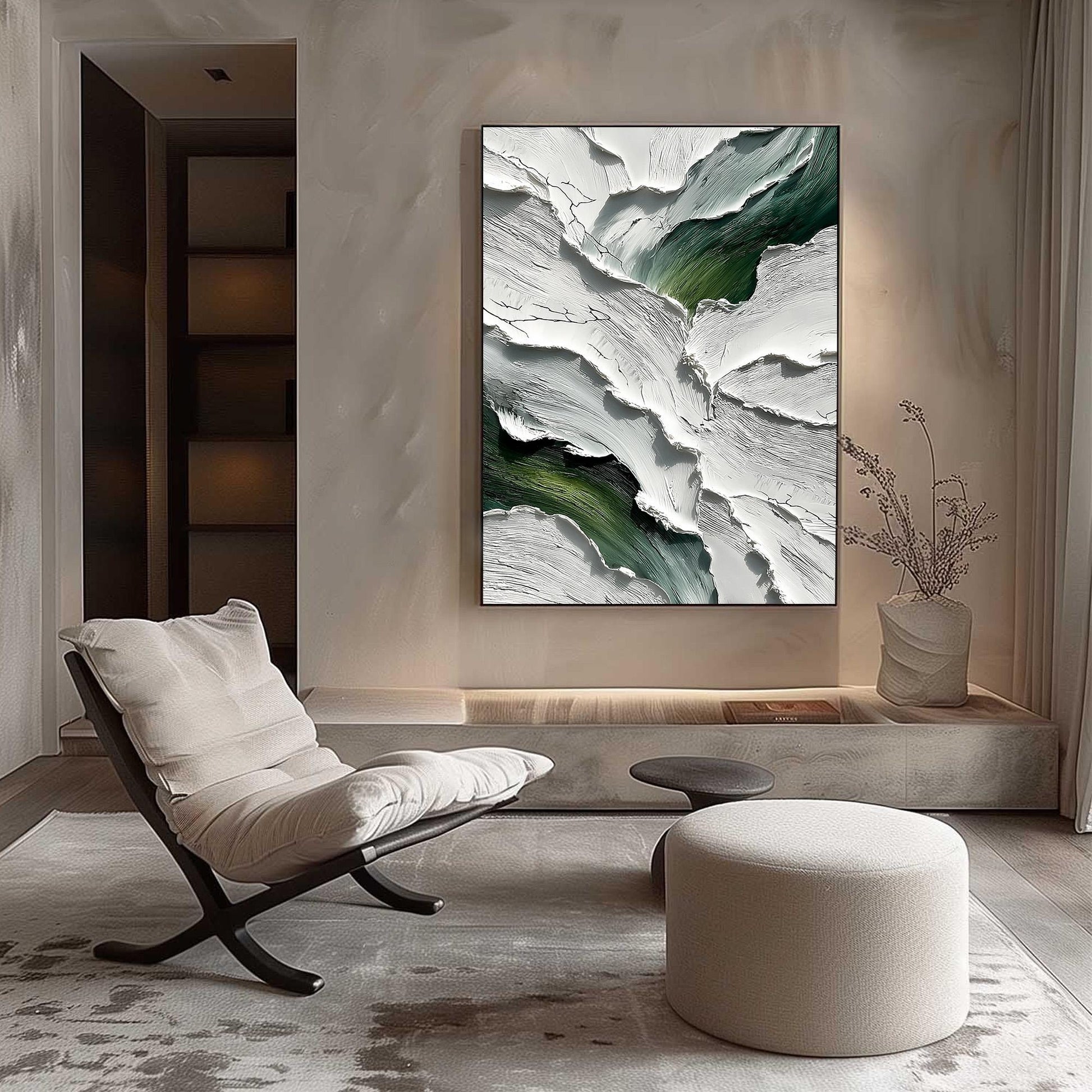 Textured Impasto Painting, White and Green Abstract Art, Crackle Effect – Green and White Abstract Minimalist Wall Art | Impa