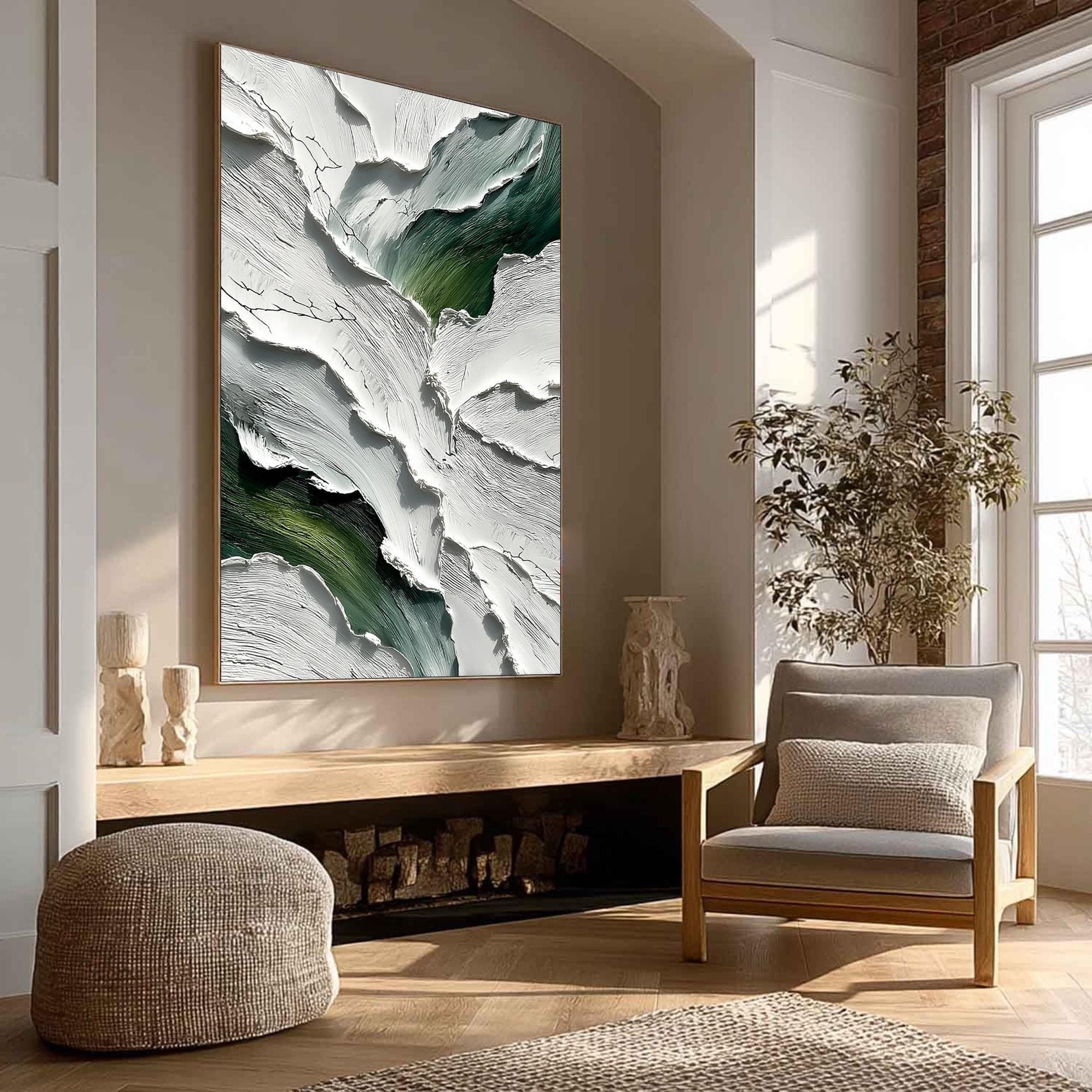 Textured Impasto Painting, White and Green Abstract Art, Crackle Effect – Green and White Abstract Minimalist Wall Art | Impa
