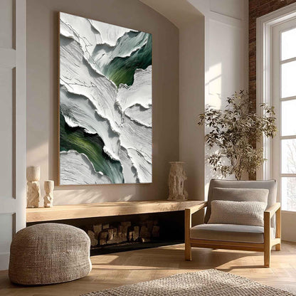 Textured Impasto Painting, White and Green Abstract Art, Crackle Effect – Green and White Abstract Minimalist Wall Art | Impa
