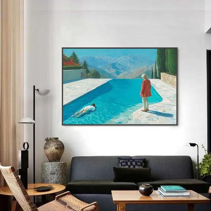 Poolside Mountain View Painting, Serene Outdoor Scene Art – Colorful Mountain Wall Art | Hand-Painted Painting, view 3