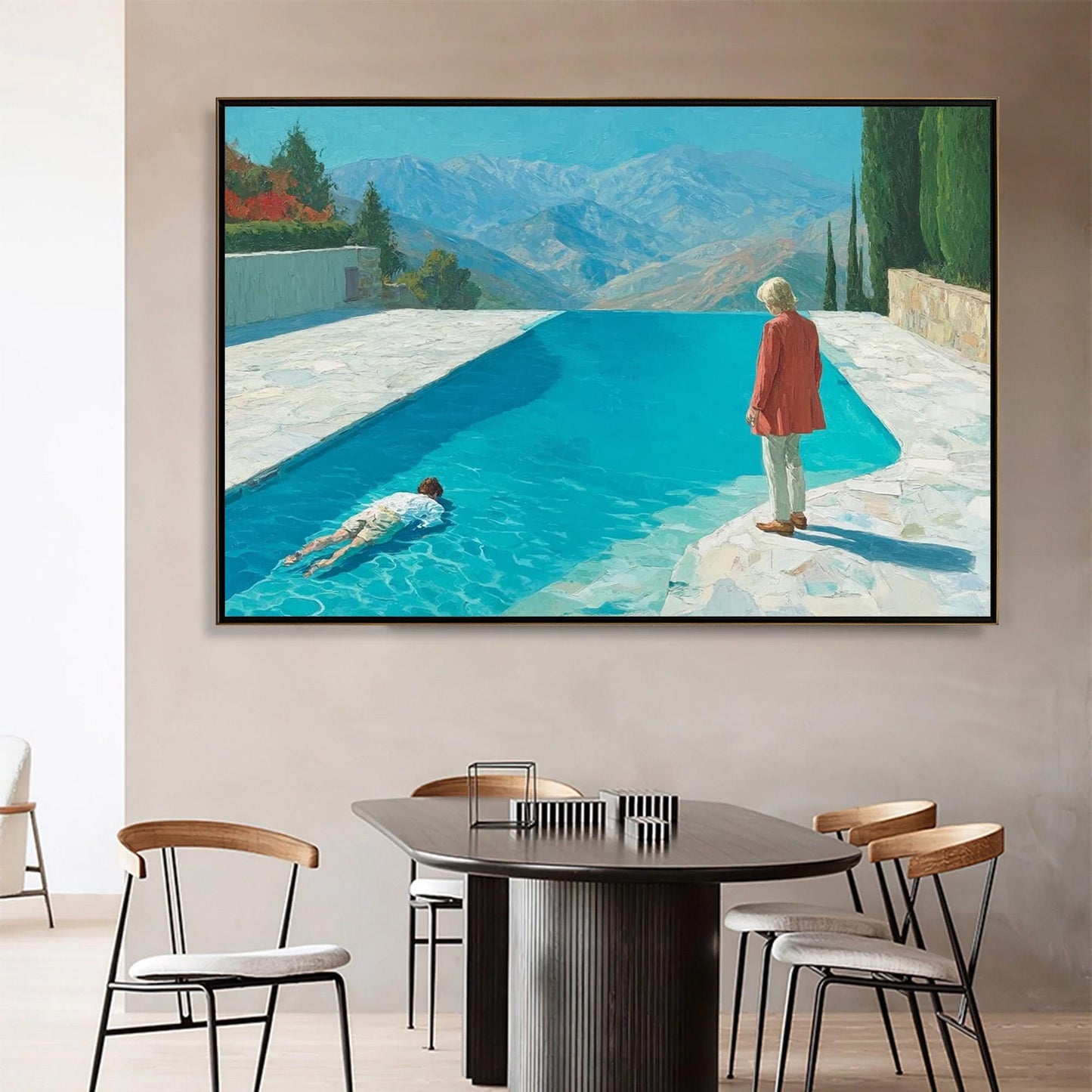 Poolside Mountain View Painting, Serene Outdoor Scene Art – Colorful Mountain Wall Art | Hand-Painted Painting, view 2