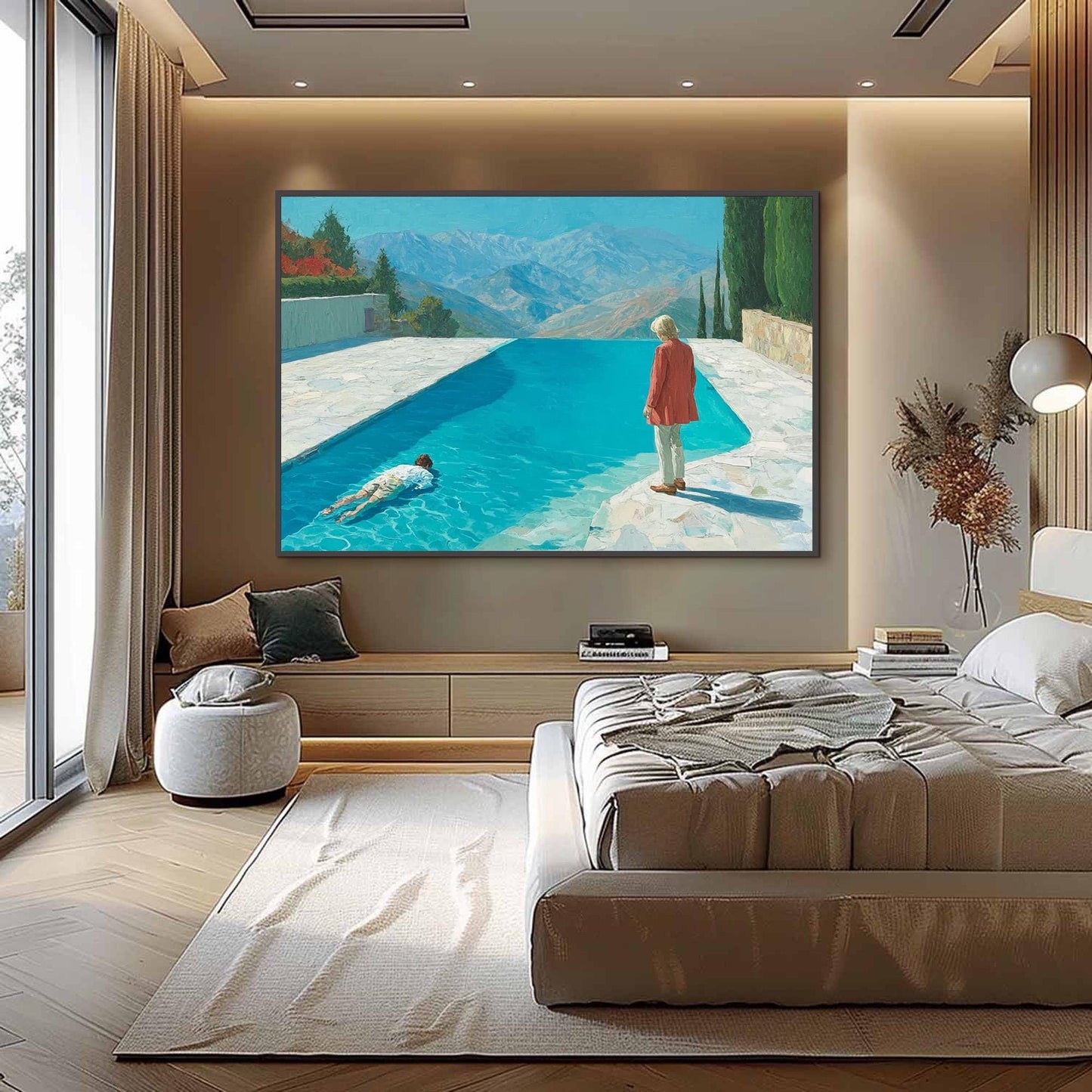 Poolside Mountain View Painting, Serene Outdoor Scene Art – Colorful Mountain Wall Art | Hand-Painted Painting, view 4
