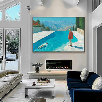 Poolside Mountain View Painting, Serene Outdoor Scene Art – Colorful Mountain Wall Art | Hand-Painted Painting, view 5