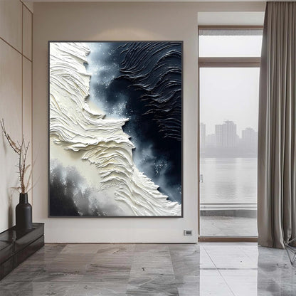 Black and White Impasto Abstract Minimalist Wall Art – Textural Black and White