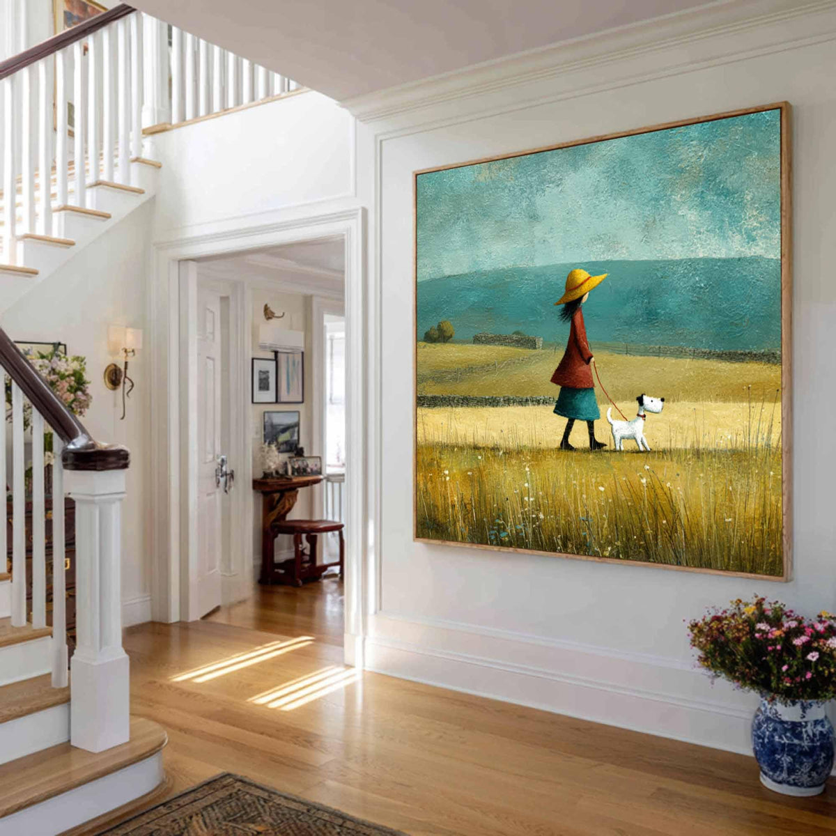 Girl With Puppy Painting, Rustic Meadow Landscape, Nursery Wall Art