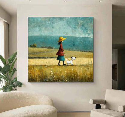 Girl With Puppy Painting, Rustic Meadow Landscape, Nursery Wall Art