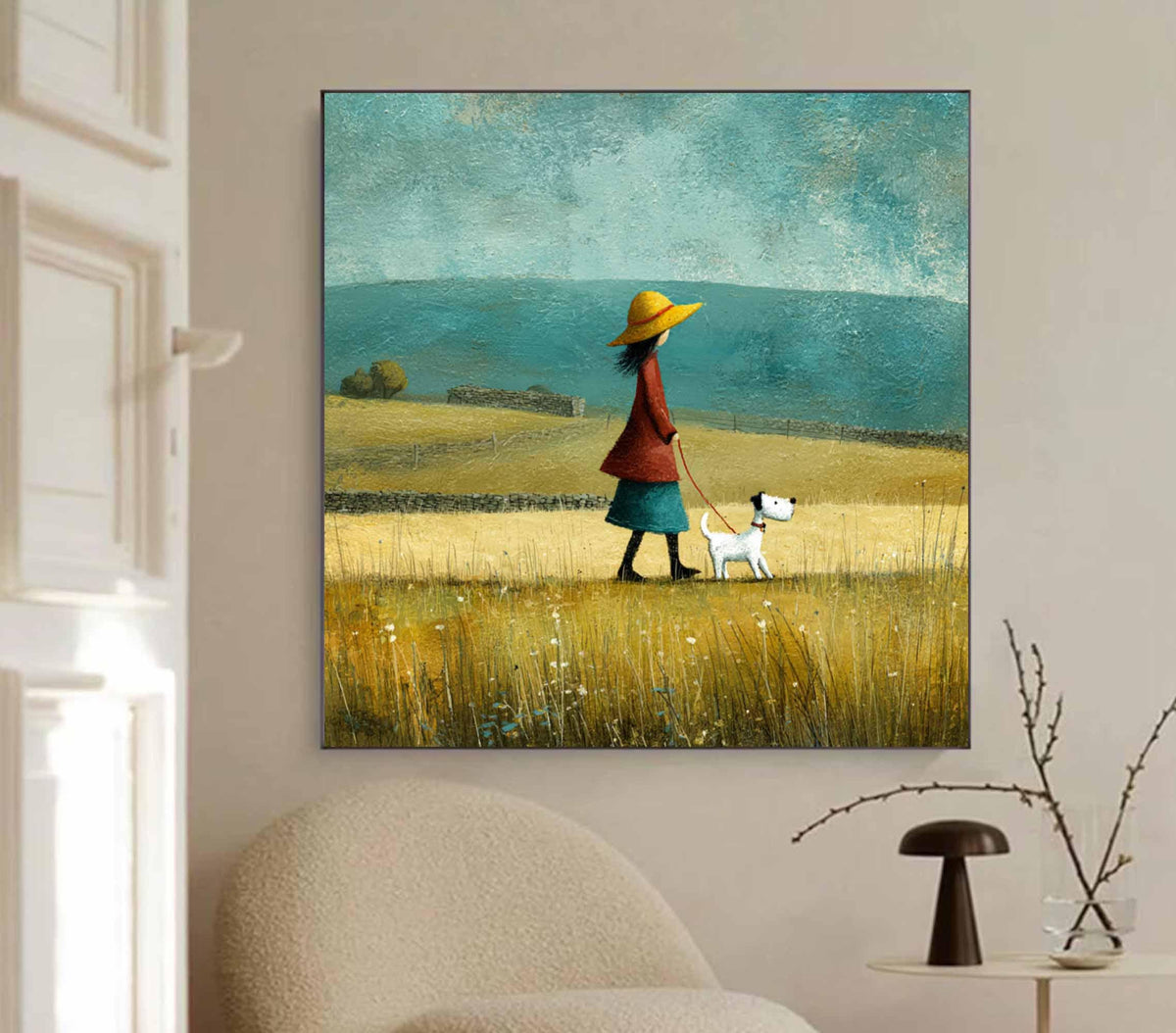 Girl With Puppy Painting, Rustic Meadow Landscape, Nursery Wall Art