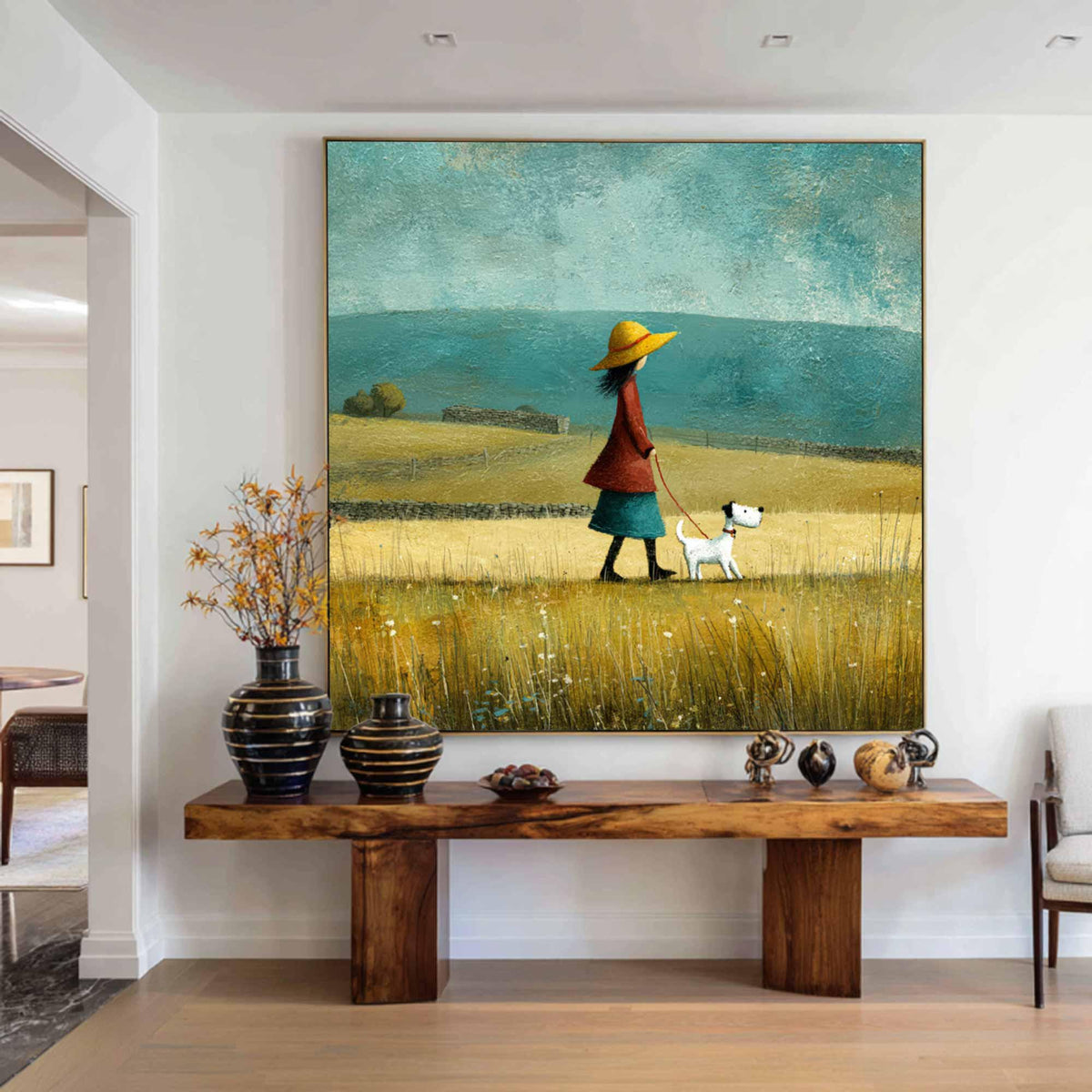 Girl With Puppy Painting, Rustic Meadow Landscape, Nursery Wall Art