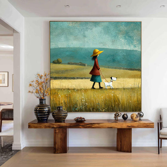 Girl With Puppy Painting, Rustic Meadow Landscape, Nursery Wall Art