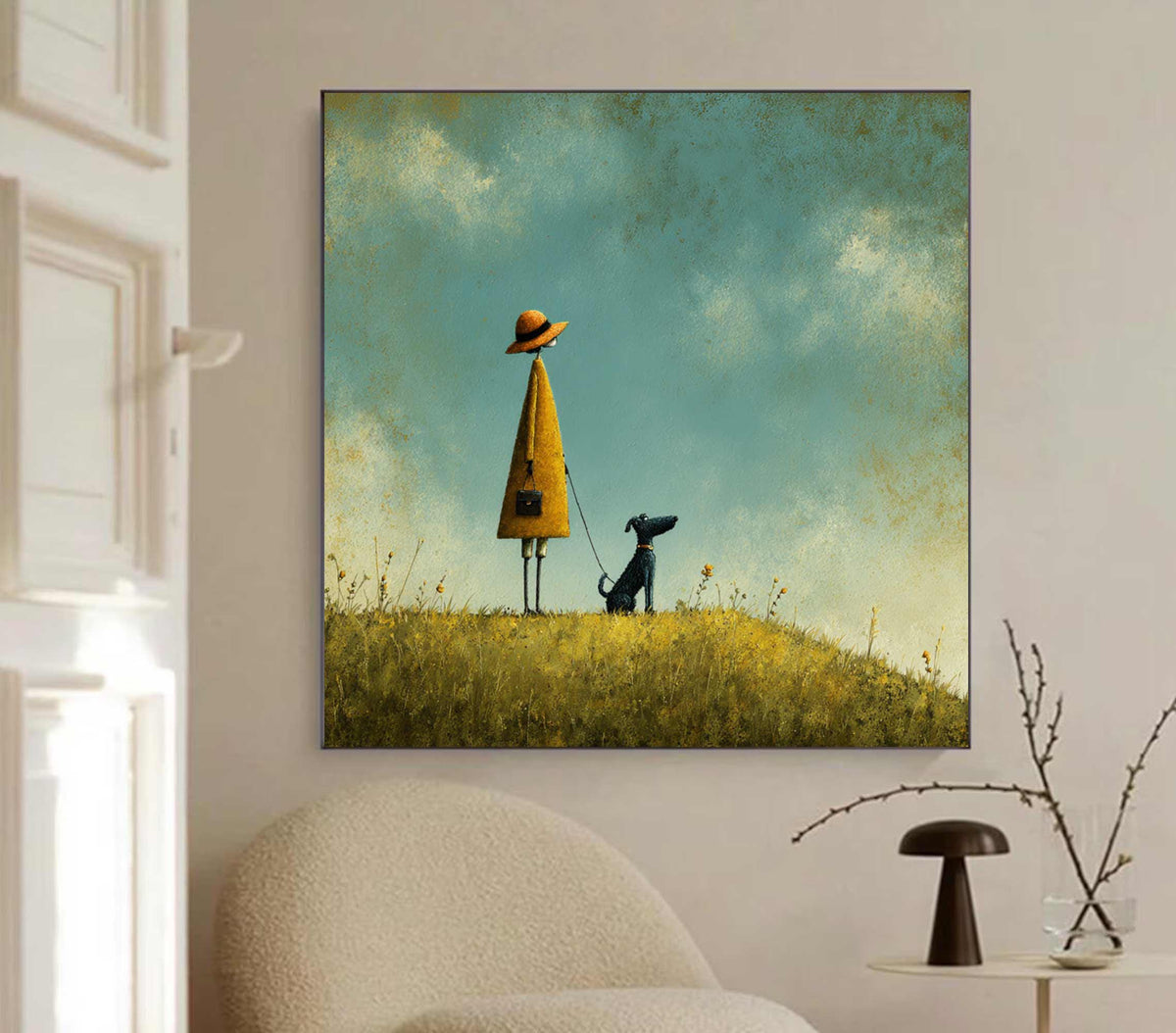 Girl and Dog Oil Painting, Whimsical Landscape Art, Turquoise Sky