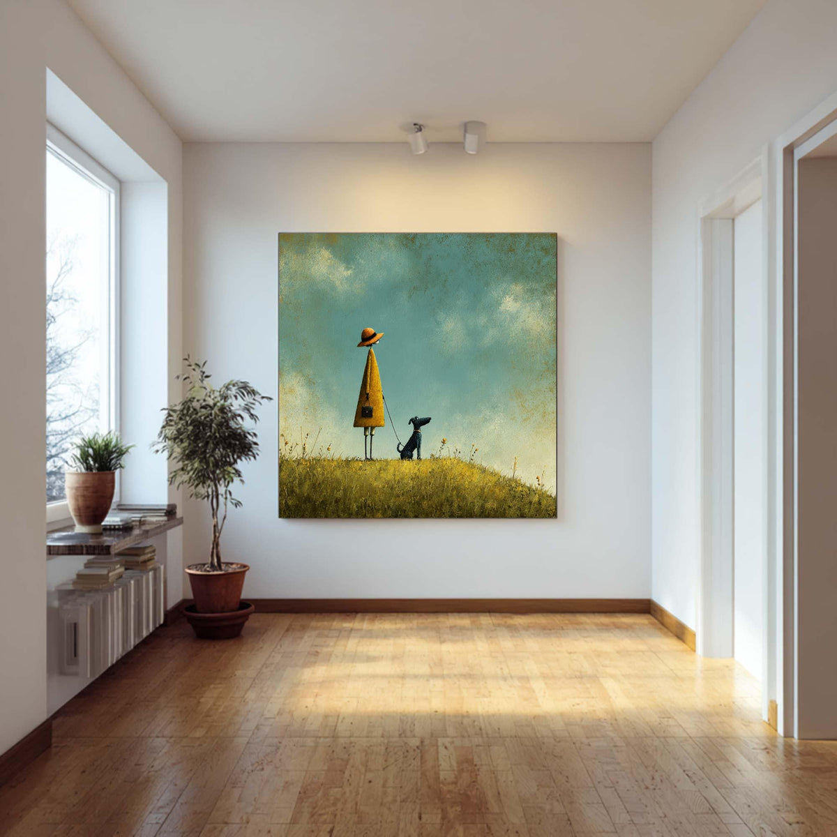 Girl and Dog Oil Painting, Whimsical Landscape Art, Turquoise Sky