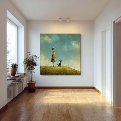 Girl and Dog Oil Painting, Whimsical Landscape Art, Turquoise Sky