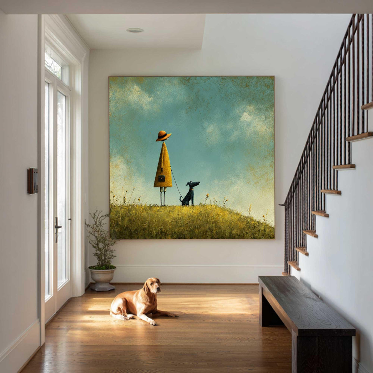 Girl and Dog Oil Painting, Whimsical Landscape Art, Turquoise Sky
