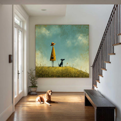 Girl and Dog Oil Painting, Whimsical Landscape Art, Turquoise Sky