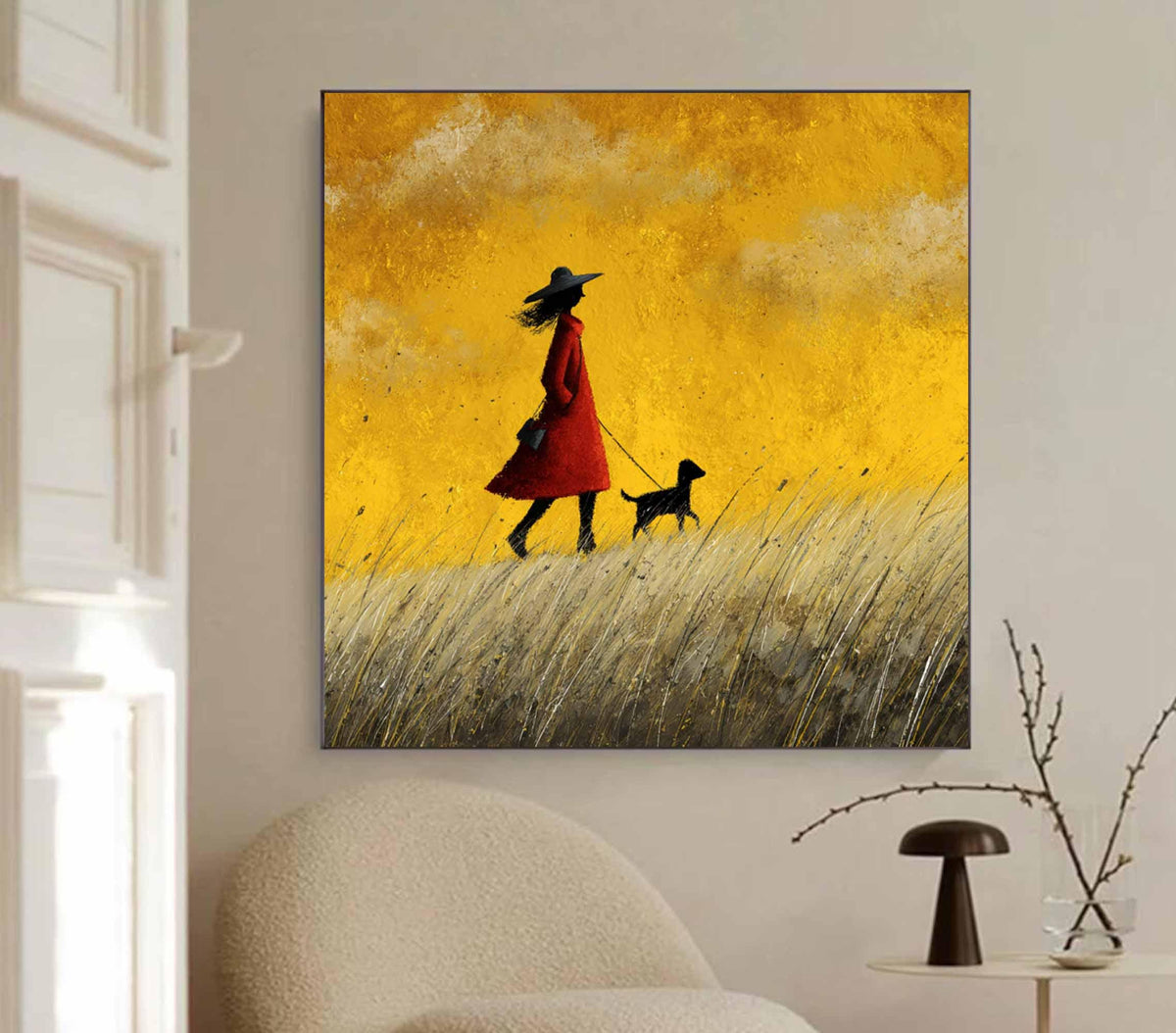 Girl and Dog Oil Painting, Teal Sky Meadow Landscape, Impressionist Art