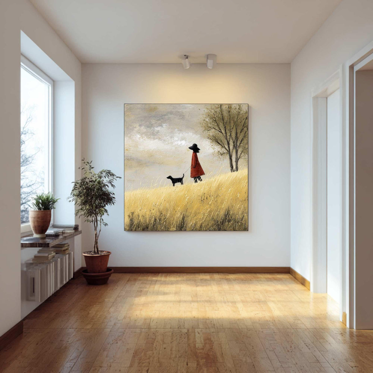 Red Coat Girl and Dog Landscape Painting, Palette Knife Texture, Scandi Wall Art