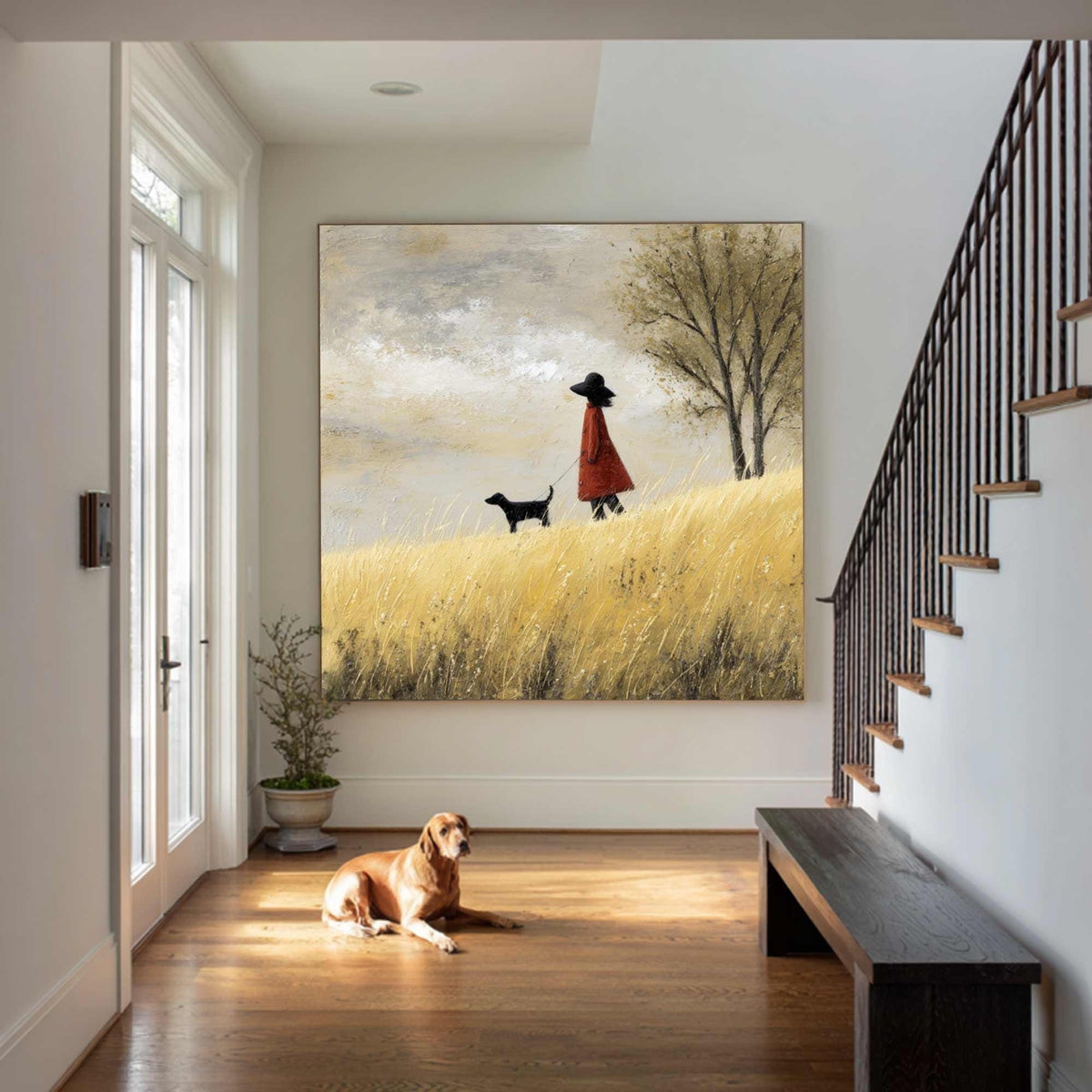 Red Coat Girl and Dog Landscape Painting, Palette Knife Texture, Scandi Wall Art