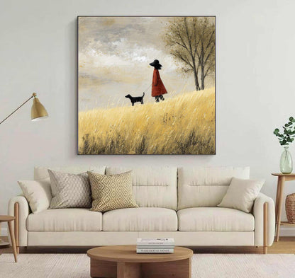 Red Coat Girl and Dog Landscape Painting, Palette Knife Texture, Scandi Wall Art