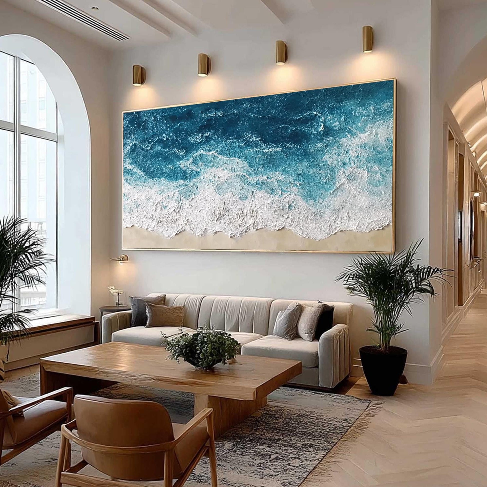 Textured Ocean Wave Oil Painting, Abstract Seascape Beach Wall Decor – Blue Ocean Wave Seascape Wall Art | Abstract Textured 