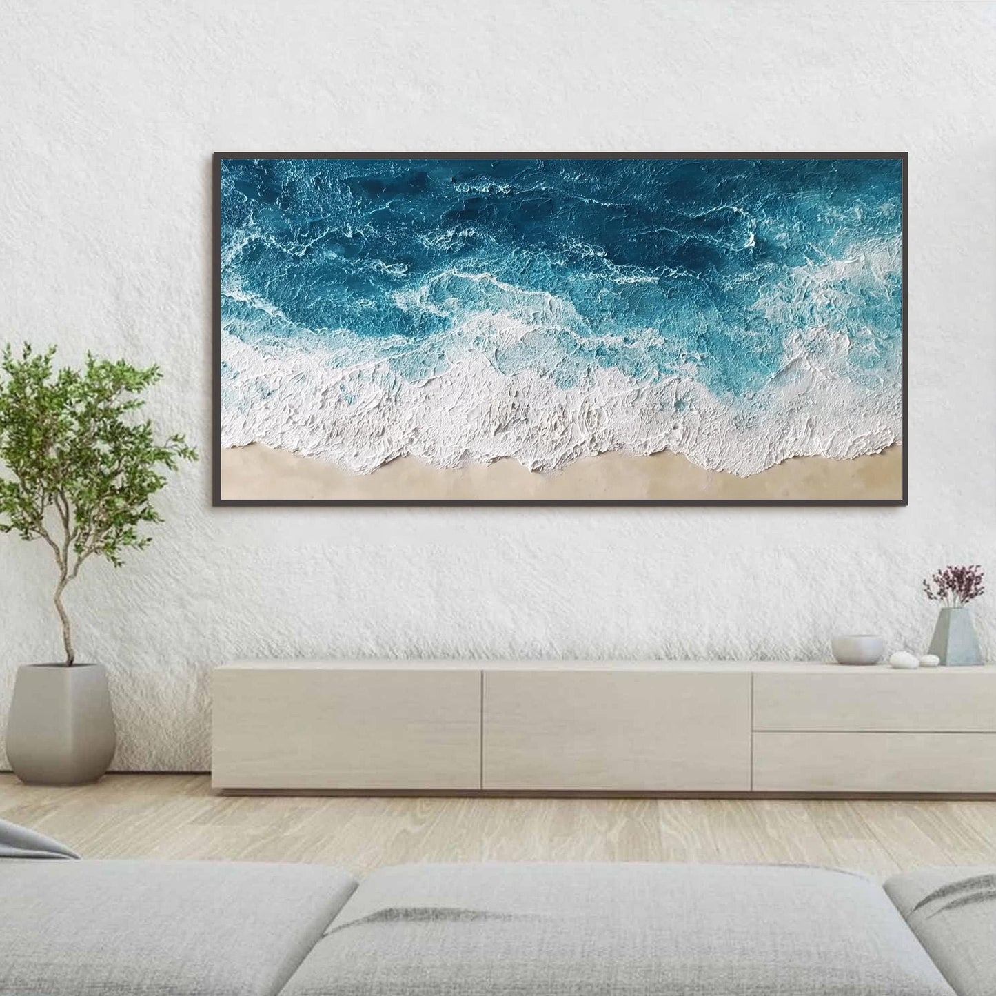 Textured Ocean Wave Oil Painting, Abstract Seascape Beach Wall Decor – Blue Ocean Wave Seascape Wall Art | Abstract Textured 