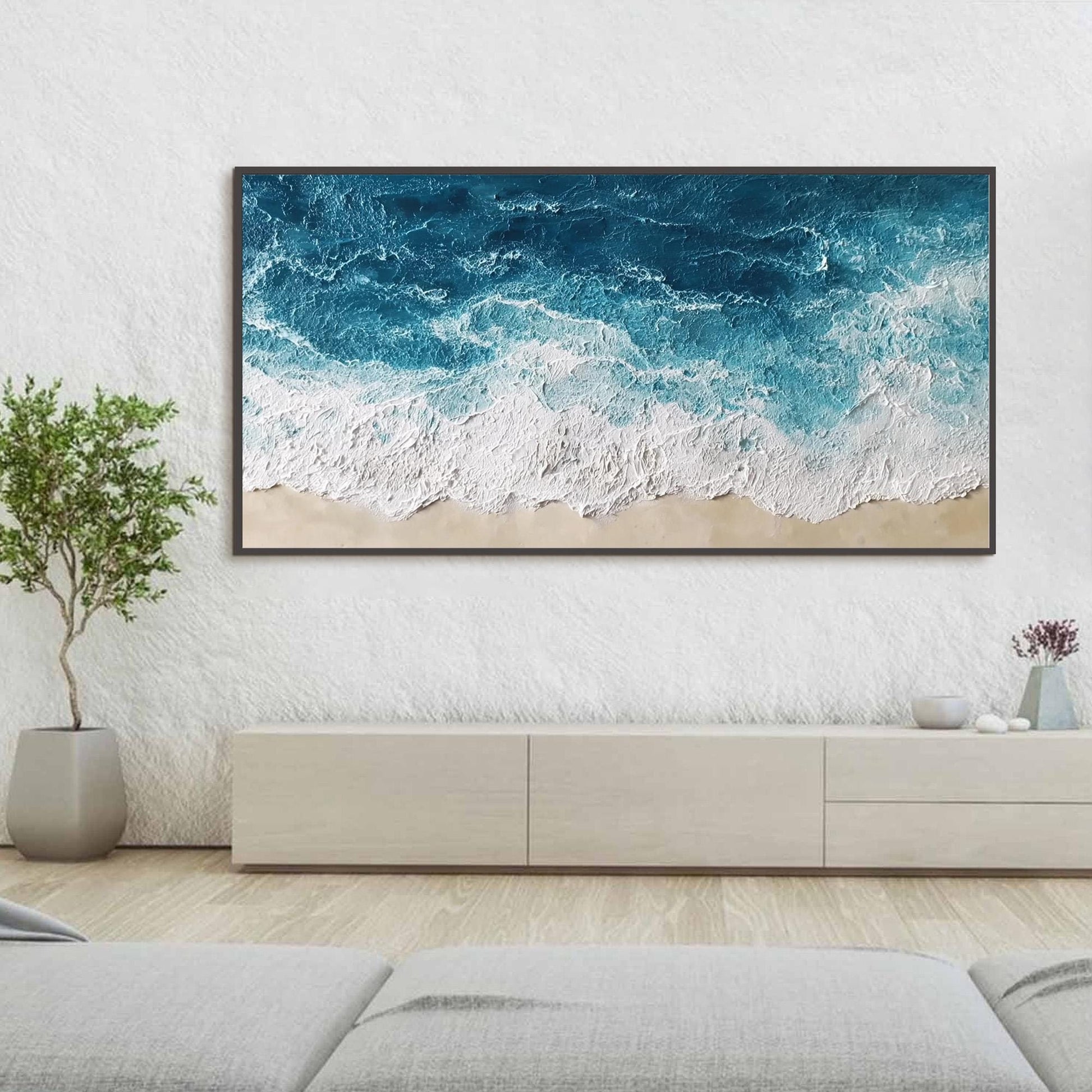 Textured Ocean Wave Oil Painting, Abstract Seascape Beach Wall Decor – Blue Ocean Wave Seascape Wall Art | Abstract Textured 