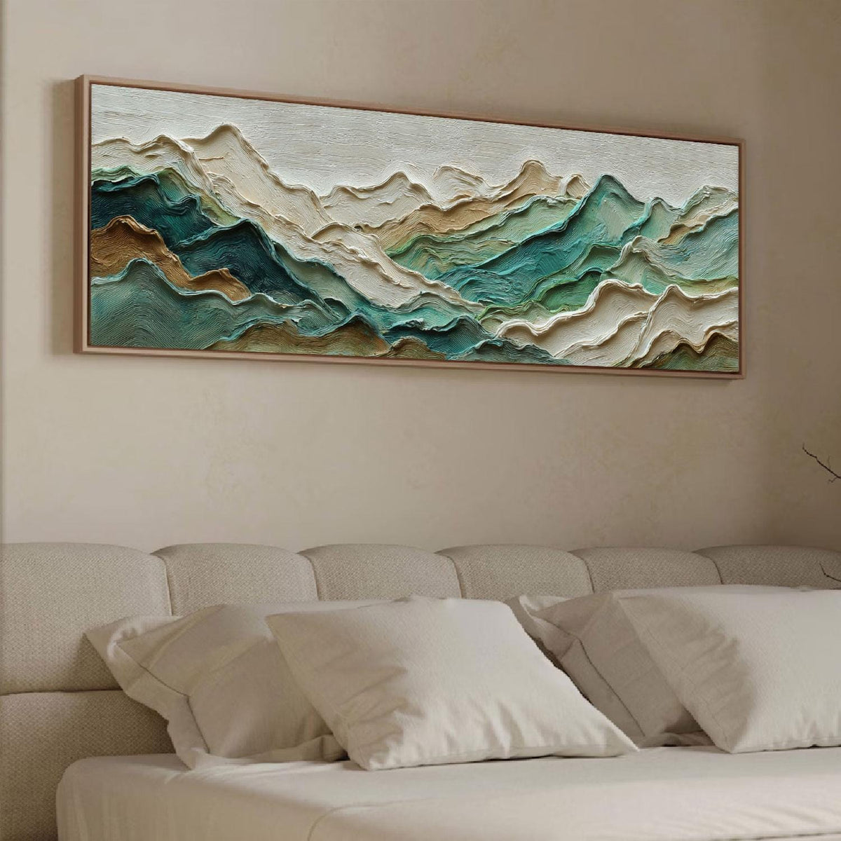 Teal Mountain Ridge Impasto Painting, Large Textured Landscape Art
