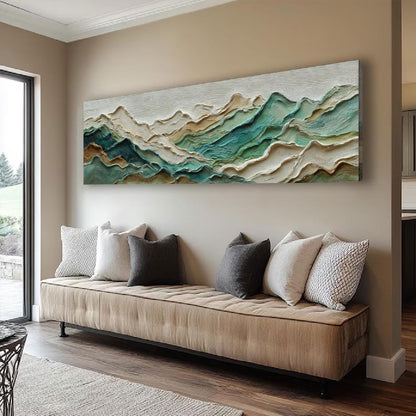 Teal Mountain Ridge Impasto Painting, Large Textured Landscape Art