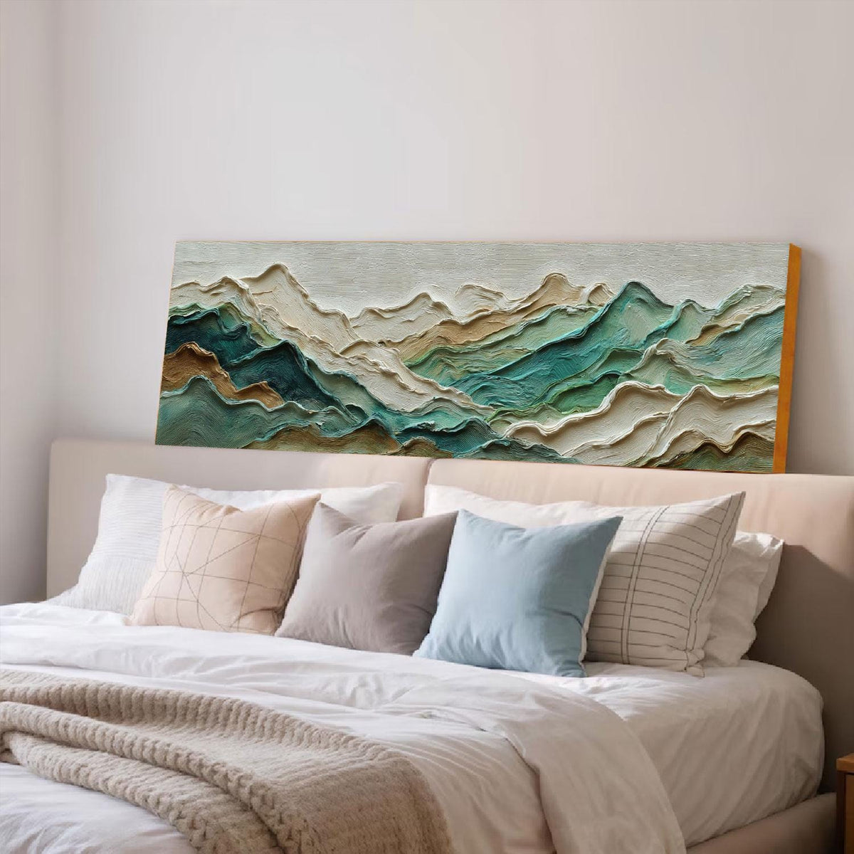Teal Mountain Ridge Impasto Painting, Large Textured Landscape Art