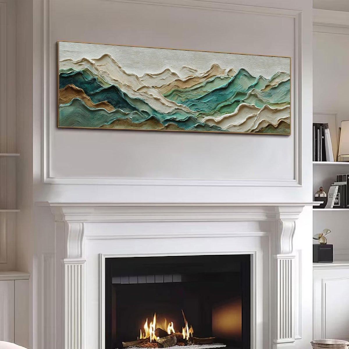 Teal Mountain Ridge Impasto Painting, Large Textured Landscape Art