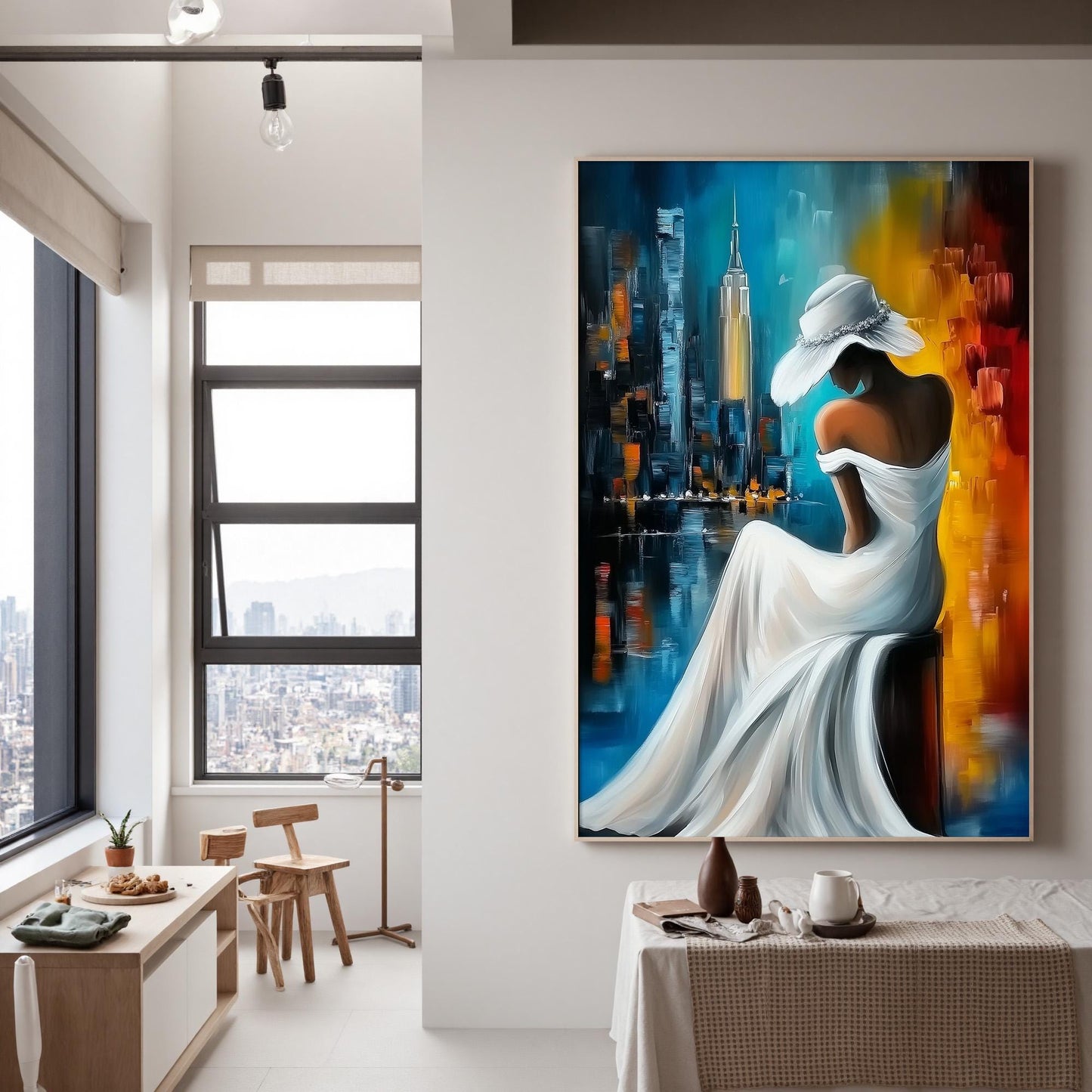 Woman in White Hat – Blue and Gold Sunset | Oil Painting, view 2
