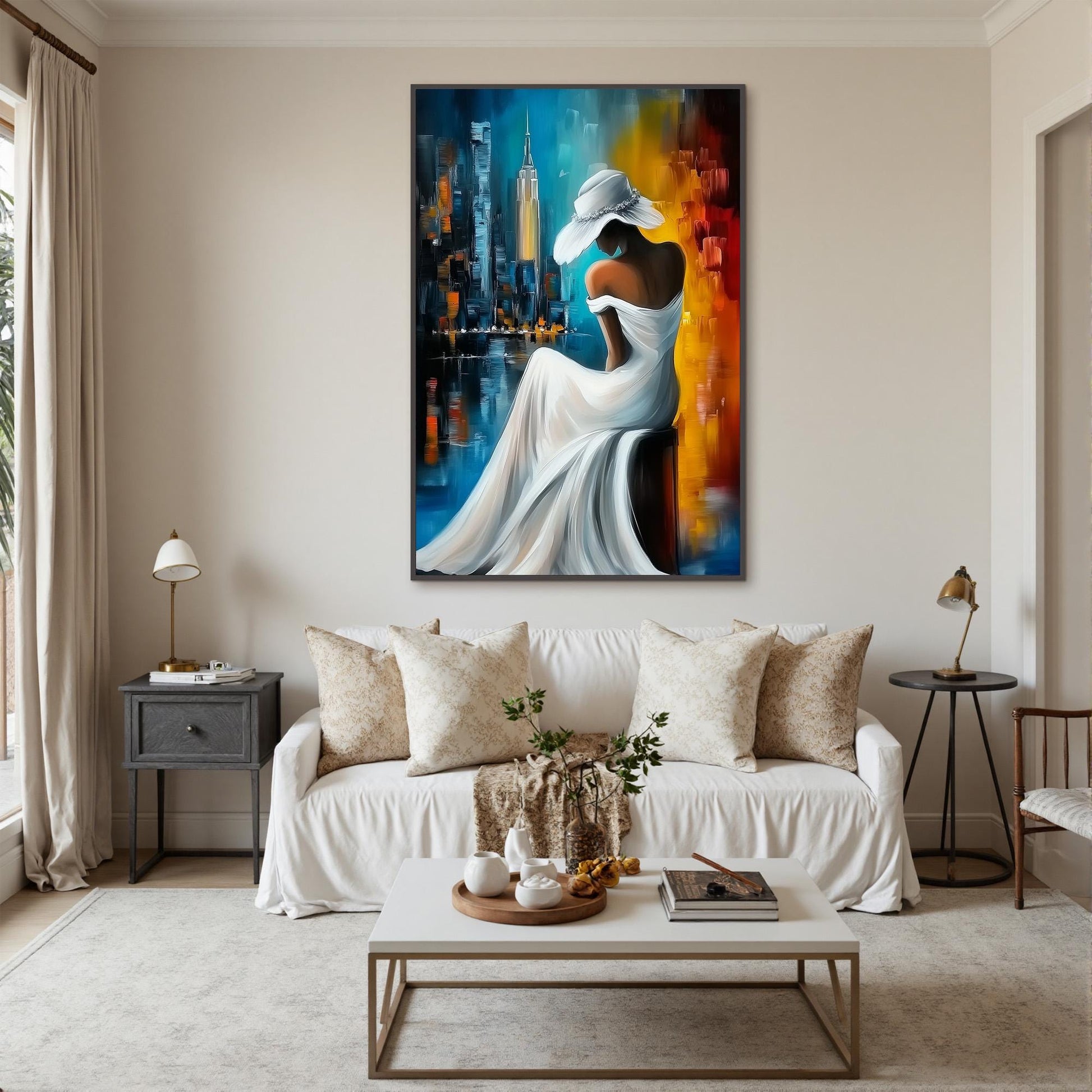 Woman in White Hat – Blue and Gold Sunset | Oil Painting, view 4