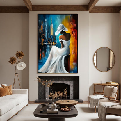 Blue and Gold Impressionist Sunset City Skyline Oil Painting – Woman in White Hat