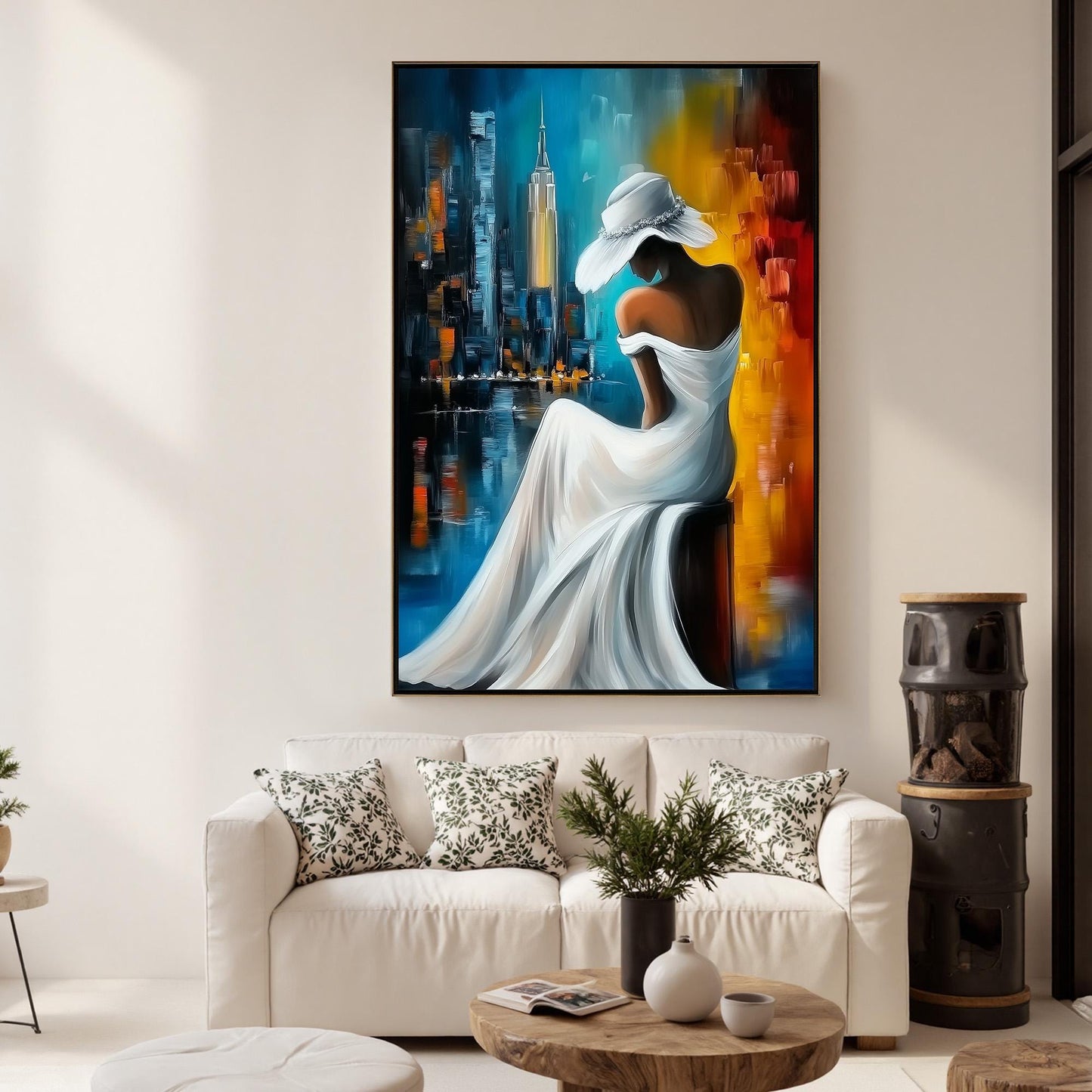 Blue and Gold Impressionist Sunset City Skyline Oil Painting – Woman in White Hat
