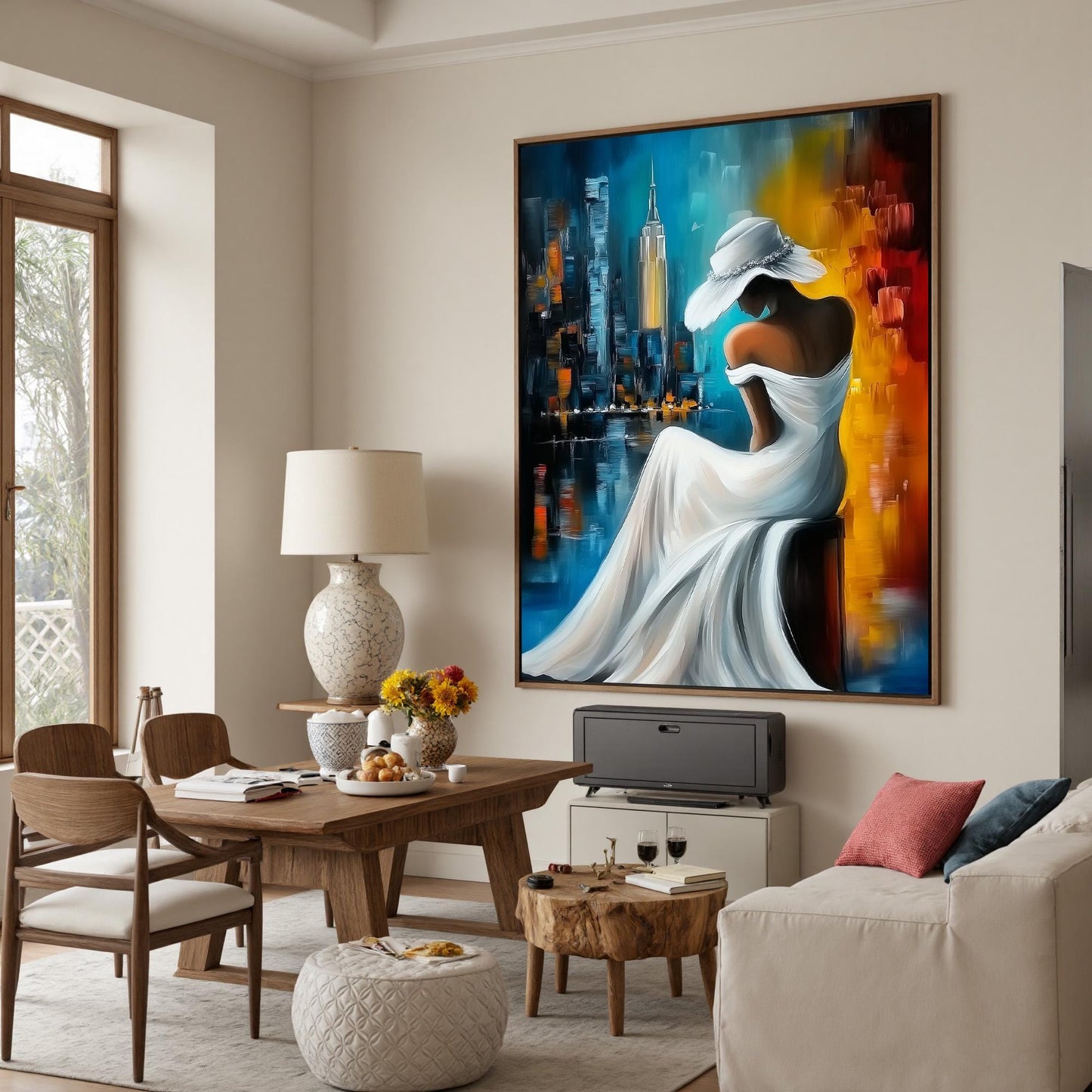 Blue and Gold Impressionist Sunset City Skyline Oil Painting – Woman in White Hat