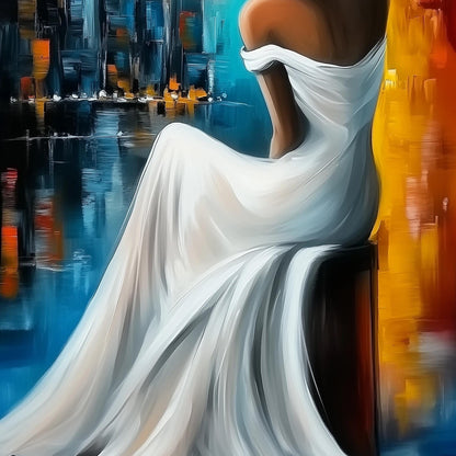 Blue and Gold Impressionist Sunset City Skyline Oil Painting – Woman in White Hat