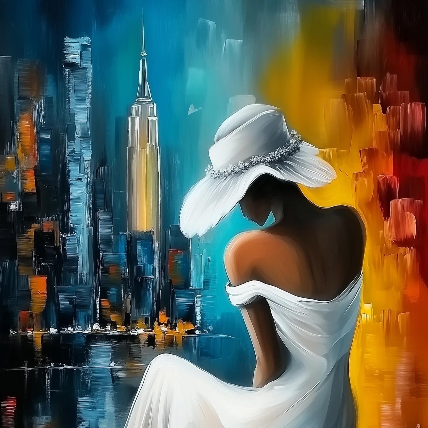 Woman in White Hat – Blue and Gold Sunset | Oil Painting, view 5