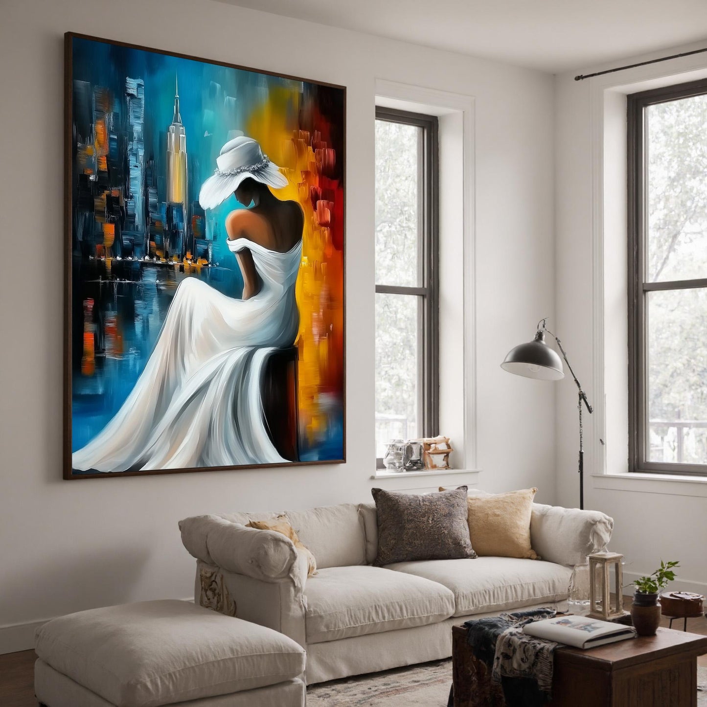 Woman in White Hat – Blue and Gold Sunset | Oil Painting, view 3