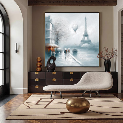 Paris Rainy Street – Grey and White Cityscape City Architecture Wall Art | Oil Painting, view 4