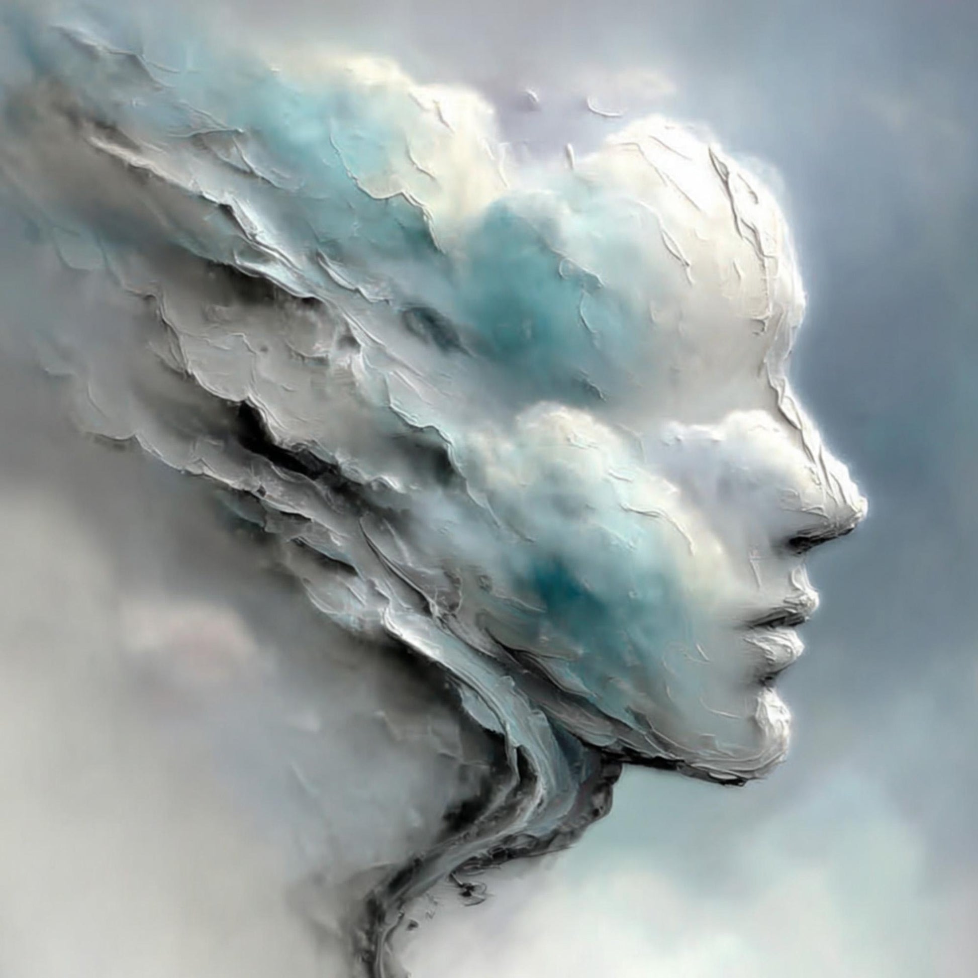 Surreal Man in Cloud Face Painting, Moody Dreamscape Art – Blue and Grey Couple Figure Portrait Wall Art | Textured Painting,