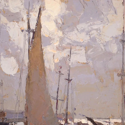 Impressionist Sailboats – Grey and Brown Sailboat 3D Texture Wall Art | Textured Oil Painting, view 5
