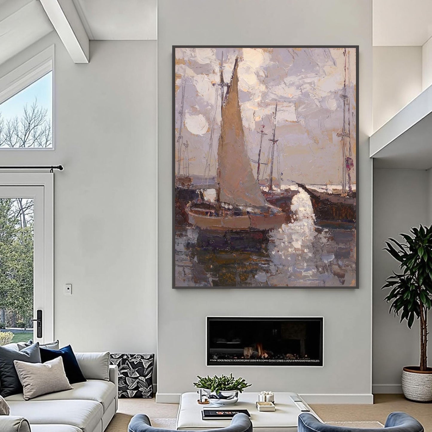Grey and Brown Impressionist Textured Sailboat 3D Texture Wall Art