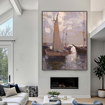 Grey and Brown Impressionist Textured Sailboat 3D Texture Wall Art