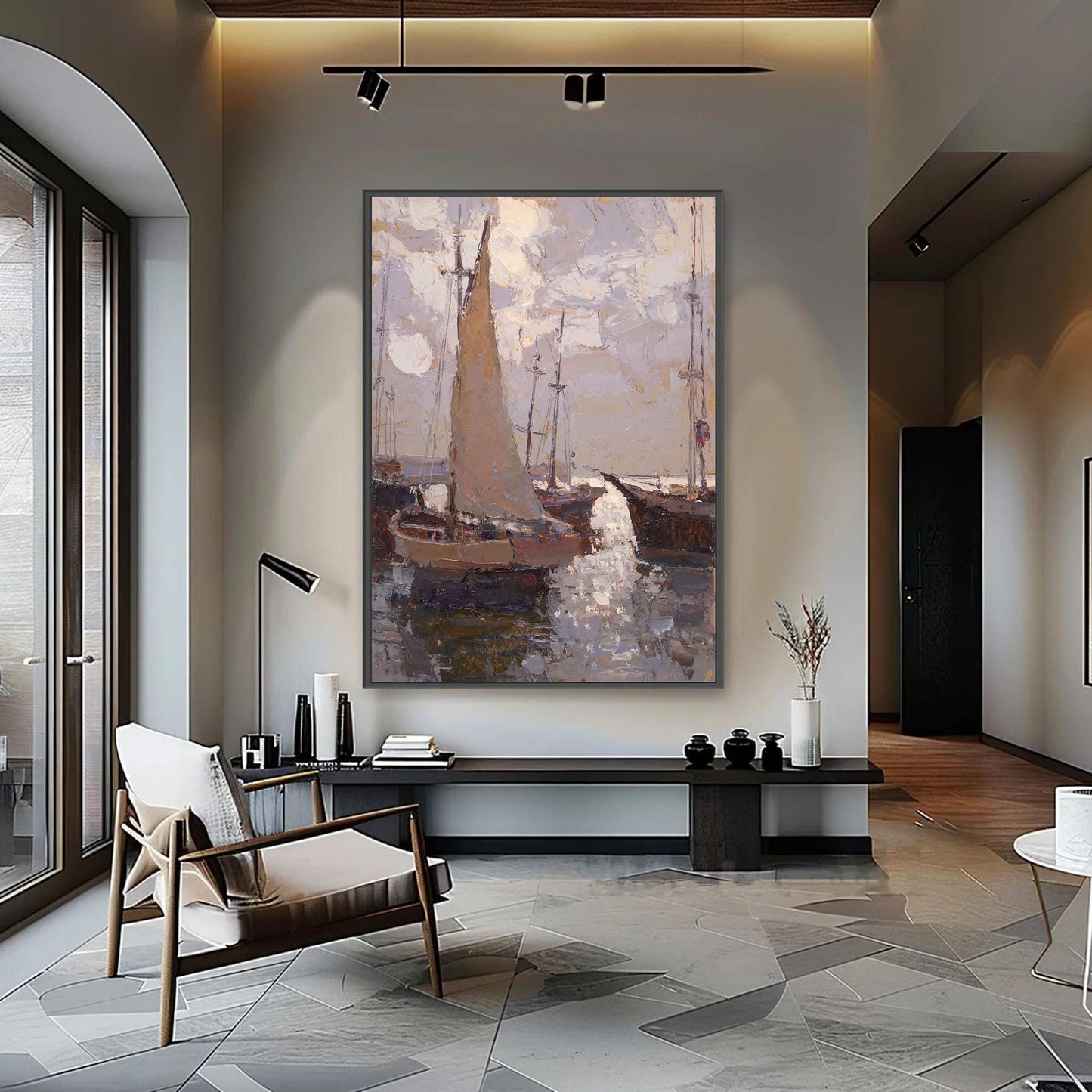 Grey and Brown Impressionist Textured Sailboat 3D Texture Wall Art