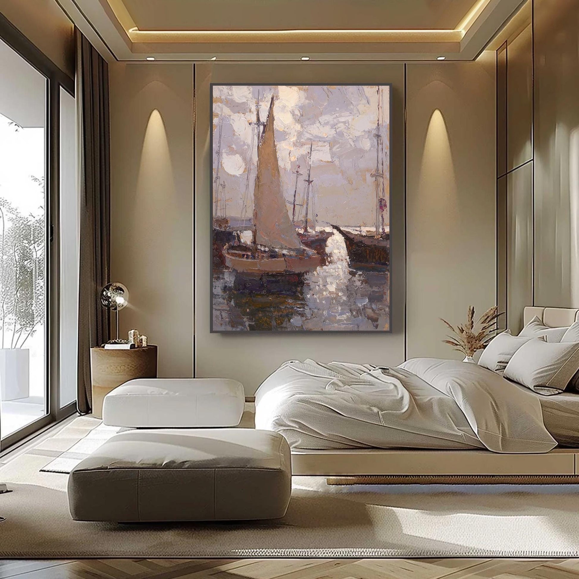 Impressionist Sailboats – Grey and Brown Sailboat 3D Texture Wall Art | Textured Oil Painting, view 4