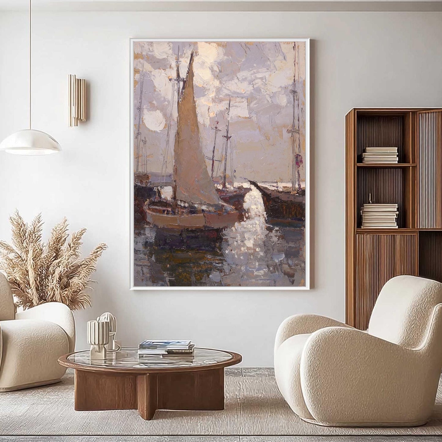 Impressionist Sailboats – Grey and Brown Sailboat 3D Texture Wall Art | Textured Oil Painting, view 1
