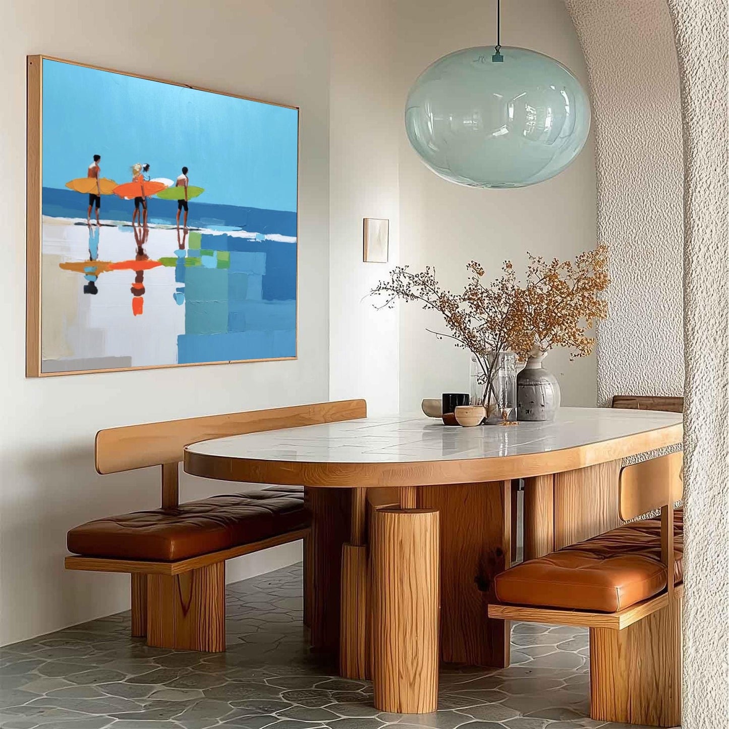 Vibrant Beach Surfers Art Print, Coastal Wall Decor, Four Surfers Colorful Boards Calm Ocean – Colorful Beach Seascape Wall A