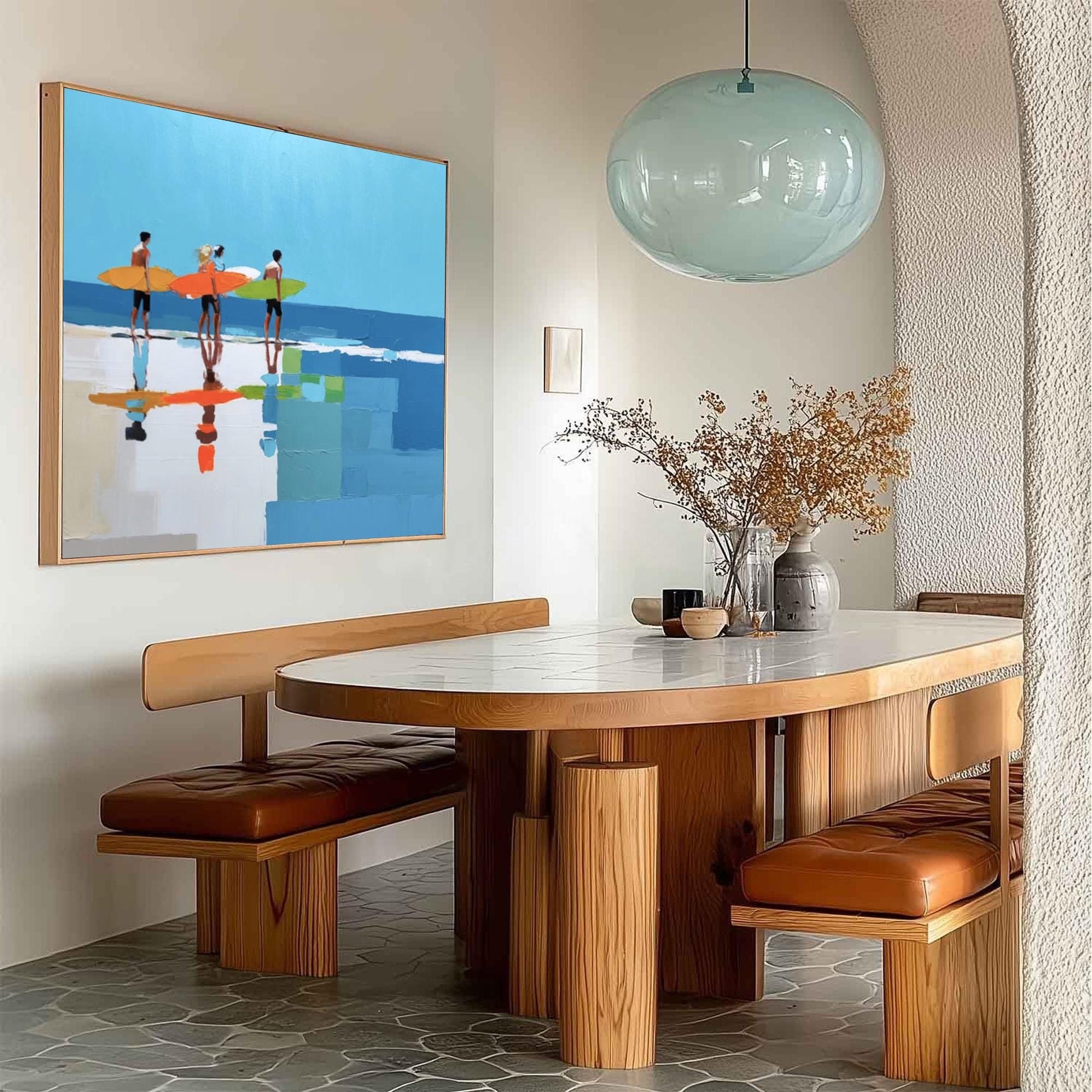 Vibrant Beach Surfers Art Print, Coastal Wall Decor, Four Surfers Colorful Boards Calm Ocean – Colorful Beach Seascape Wall A