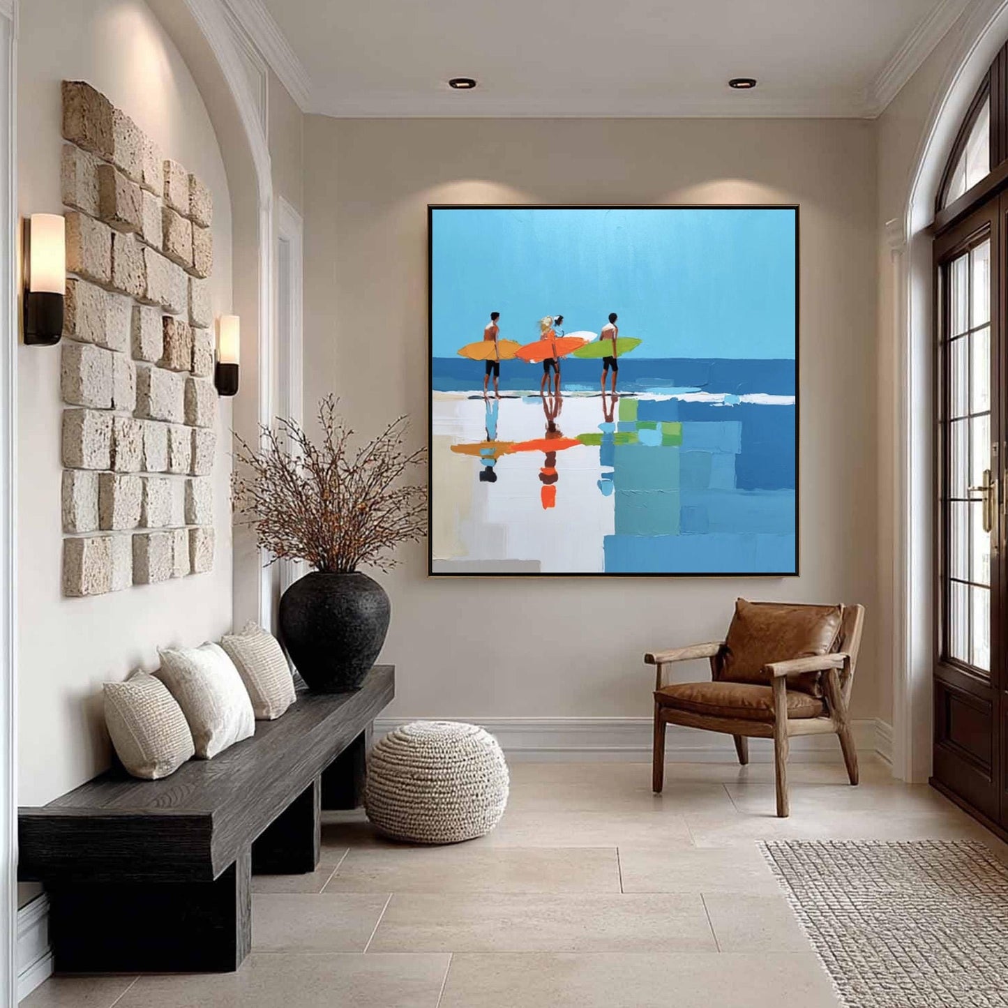 Colorful Beach Seascape Wall Art – Vibrant Beach Surfers Art Print, Coastal Wall Decor, Four Surfers Colorful Boards Calm Ocean