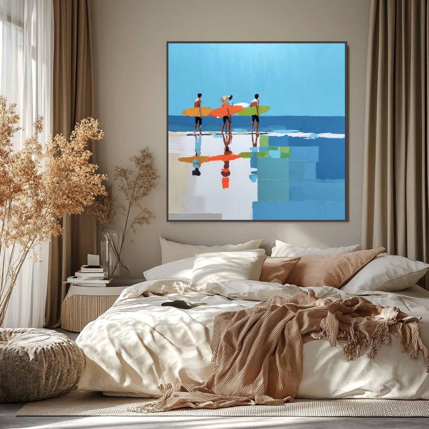 Colorful Beach Seascape Wall Art – Vibrant Beach Surfers Art Print, Coastal Wall Decor, Four Surfers Colorful Boards Calm Ocean