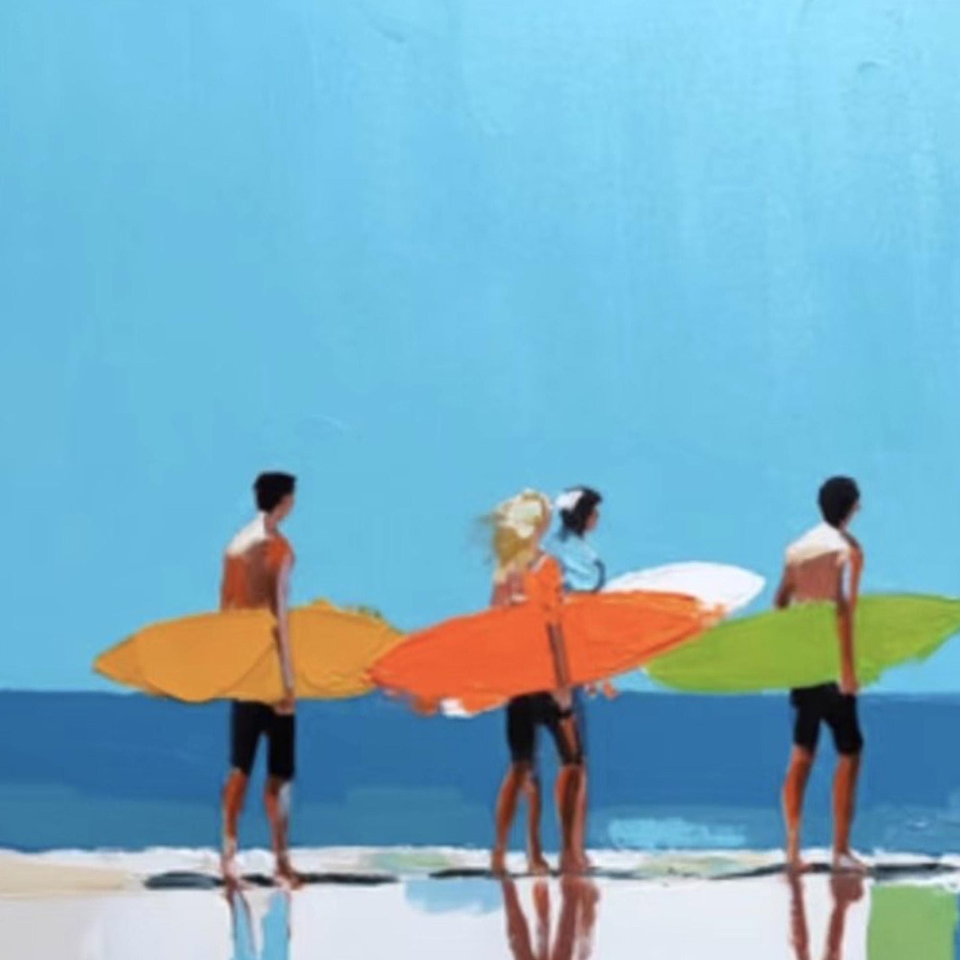 Vibrant Beach Surfers Art Print, Coastal Wall Decor, Four Surfers Colorful Boards Calm Ocean – Colorful Beach Seascape Wall A
